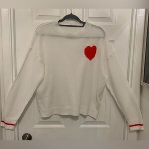 White Sweater with Red Heart and Red Stripes Around Wrists • Size XL • NWOT